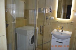 Apartamenty i pokoje u Kryni في شتوتوفو: حمام مع غسالة ومغسلة