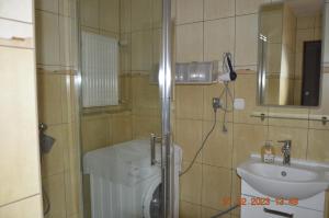 a bathroom with a shower and a toilet and a sink at Apartamenty i pokoje u Kryni in Sztutowo