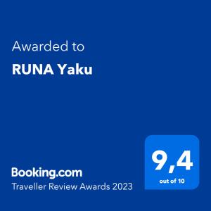 a blue screen with the text awarded to rumanza yaku travelling review awards at RUNA Yaku in Salta