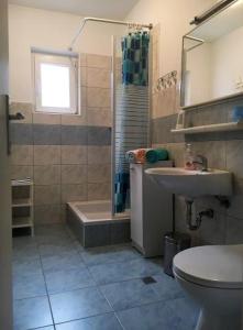 e bagno con lavandino, servizi igienici e doccia. di Apartmani Frane a Tribunj (Trebocconi)
