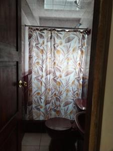 a shower curtain in a bathroom with a toilet at ECO ART Best view Machu Picchu in Machu Picchu