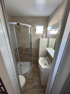 een badkamer met een douche, een toilet en een wastafel bij Luz del cielo dto PAlta in Necochea