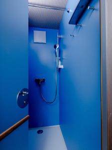 a blue bathroom with a shower with a blue wall at Grand Hotel du Cervin - Auberge de jeunesse wellness in Saint-Luc