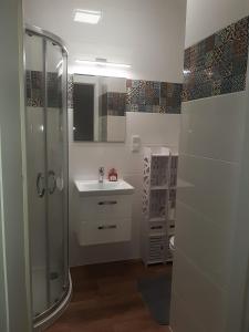 a bathroom with a shower and a sink at Apartament Zachód in Warsaw