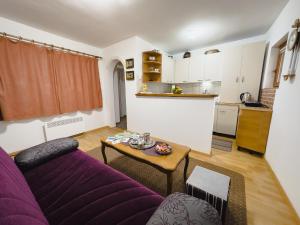 een woonkamer met een paarse bank en een tafel bij Apartman Lokum in Sarajevo