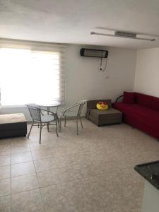 uma sala de estar com um sofá vermelho e cadeiras em צימר עין קנייא ליד החרמון em Ein Kinya