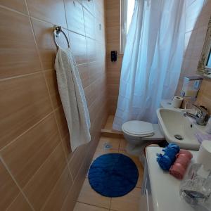 a bathroom with a sink and a toilet and a shower at Urban Penthouse in Patra +23 photos