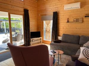 ein Wohnzimmer mit einem Sofa und einem TV in der Unterkunft Villa Bartje in Schoonebeek