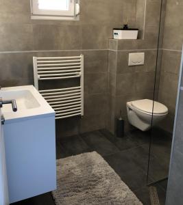 ein Bad mit einem WC und einem Waschbecken in der Unterkunft Apartments Villa Prima in Privlaka