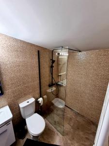 a bathroom with a toilet and a glass shower at Camera/garsoniera in regim hotelier in Comăneşti