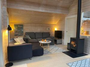uma sala de estar com um sofá e um fogão em Hyggeligt og lyst feriehus nær stranden i Klint em Nykobing Sjaelland