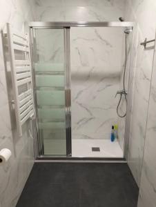 a shower with a glass door in a bathroom at Guggenheim Riverview HBI01297 Pensión in Bilbao