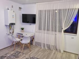 ComăneştiにあるCamera/garsoniera in regim hotelierのテーブルと椅子、窓が備わる客室です。