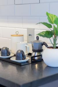 a kitchen counter with two tea pots and a plant at Conforto e Aconchego na Zona Sul in Sao Paulo