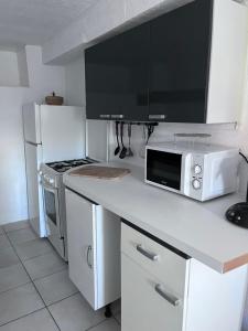 a kitchen with a counter with a microwave and a stove at Bas De Maison in Olivese