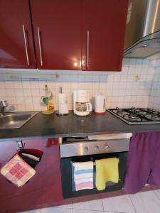 a kitchen with a sink and a stove with towels at Repos au vert en Ariège in Le Peyrat +19 photos