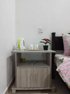 Dahliya Roomstay Langkawi في بانتايْ سينانج: كومودينو عليه نباتات الفخار بجانب سرير