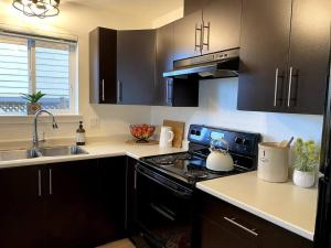 a kitchen with black cabinets and a stove top oven at Cozy Lakeview Suite in Victoria