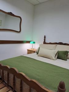 Un dormitorio con una cama con una manta verde. en Mykonos Centro Apartamento en Carmelo
