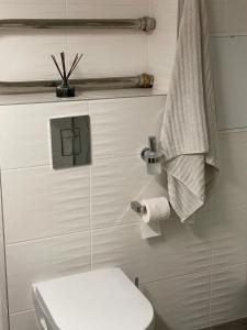 a bathroom with a toilet and a roll of toilet paper at Modern Apartment suitable for longstays in Rīga