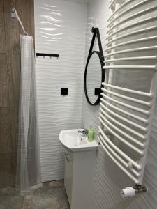 a white bathroom with a sink and a mirror at Pensjonat u Tosiek in Stegna