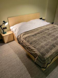 a bedroom with a bed with a blanket on it at Rooms Kokhta Mitarbi apartments in Bakuriani
