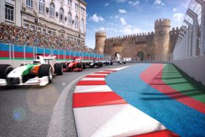 un grupo de coches en una pista de carreras frente a un castillo en Dondar Hotel Formula 1 View en Bakú