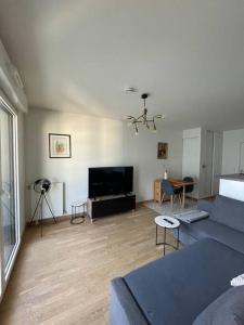 een woonkamer met een bank en een flatscreen-tv bij Luxury & Cosy apart with balcony Eiffel Tower view in Issy-les-Moulineaux