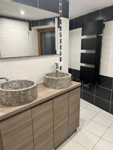 ein Badezimmer mit 2 Waschbecken und einem Spiegel in der Unterkunft Maison de campagne in Moulin-Mage