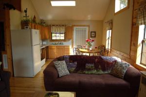 a living room with a couch and a kitchen at Little Cabin All To Yourself in Sevierville