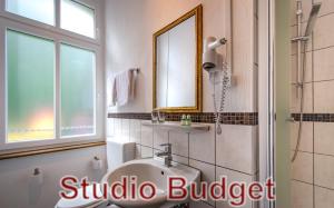 コッヘムにあるMoselUnion - Aparthotel Landsknechtのバスルーム(シンク、鏡、シャワー付)