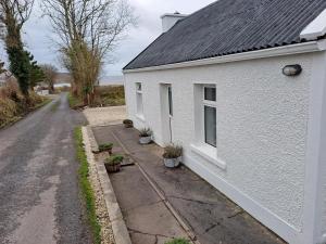 a white house with potted plants next to a road at Blaneys Coastal Cottage in Mountcharles