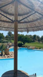 a large straw umbrella sitting next to a swimming pool at HAMEAU DES AMANDIERS - vue mer, golf et vignes in Saint-Cyr-sur-Mer