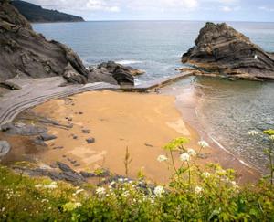 a beach with a bunch of rocks and the ocean at Fisherman's house Bermeo in Bermeo