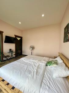 アラフエラにあるAirb nb private rooms close to the airport Juan Santa Maríaのベッドルーム1室(白い大型ベッド1台付)