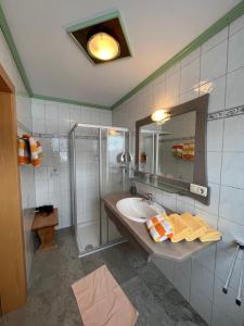 a bathroom with a sink and a shower at Haus Alpenglühn in Schladming