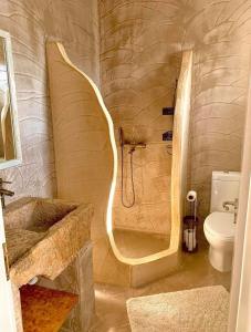 y baño con ducha, lavabo y aseo. en Aegean Muses en Lipsoi
