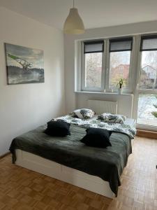- une chambre avec un grand lit dans une pièce dotée de fenêtres dans l'établissement Apartament Rumia 45, à Rumia
