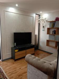 sala de estar con sofá y TV de pantalla plana en apartment seven A, en Tashkent