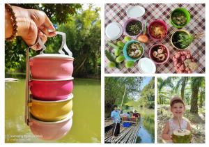 a collage of pictures with a stack of plates and food at แม่ไพโฮมสเตย์ ล่องแพกอนโดล่า in Ban Racha Tai