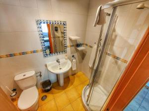 a bathroom with a toilet and a sink and a shower at Hostería Sol in San Miguel de Meruelo