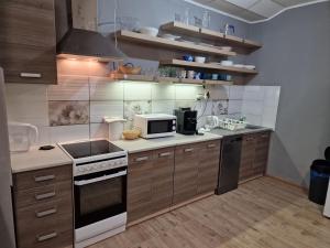 a kitchen with a stove and a microwave at Veľký apartman in Karlova Ves