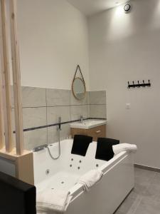a bath tub in a room with a mirror at Les Bulles de Mona "Le 149" -PROXIMITE GARE DE LYON- in Lyon