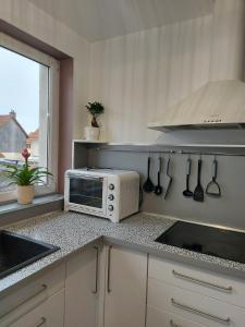 une cuisine avec un four micro-ondes sur un comptoir et une fenêtre dans l'établissement Le hygge, à Boulogne-sur-Mer