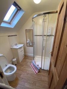 een badkamer met een douche, een toilet en een wastafel bij Erne Retreat in Tully