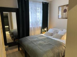 a bedroom with a bed and a large mirror at Apartament Błogi Sen III - komfortowy nocleg w spokojnej lokalizacji in Zabrze