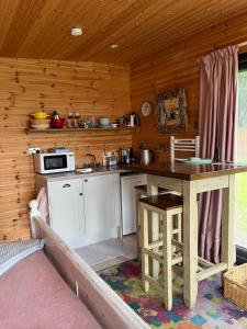 a kitchen with a table in a cabin at Self Contained Garden Studio with stunning views in Sissinghurst