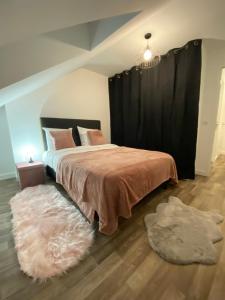 1 dormitorio con cama con cortina negra y alfombra en L'Etape Zen, en Tulle