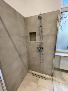 un bagno con box doccia e porta in vetro di City-Center-Apartment Hip Area, Big & New a Vienna