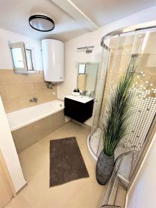 a bathroom with a tub and a sink and a toilet at Nyuszis Apartman in Kiskunmajsa